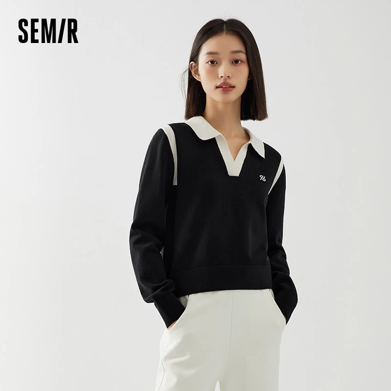 Semir Sweater Women Short Polo Neck Sweater Simple Style Versatile Autumn Slimming Temperament Contrast Color Bottoming Shirt