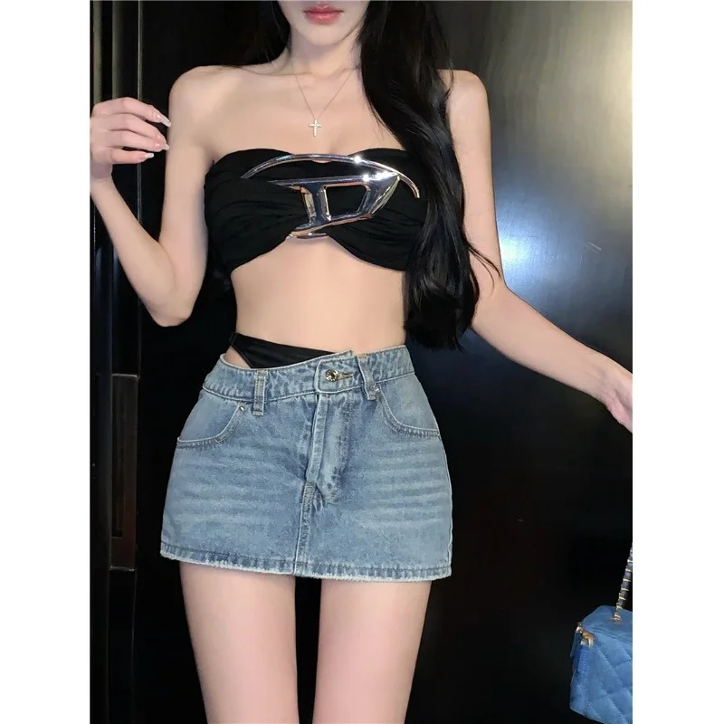 High Waist Splice Casual Denim  Skirt for Women Summer 2025 New Sle A-Line Skirt Commute Korean Sle ort Skirt