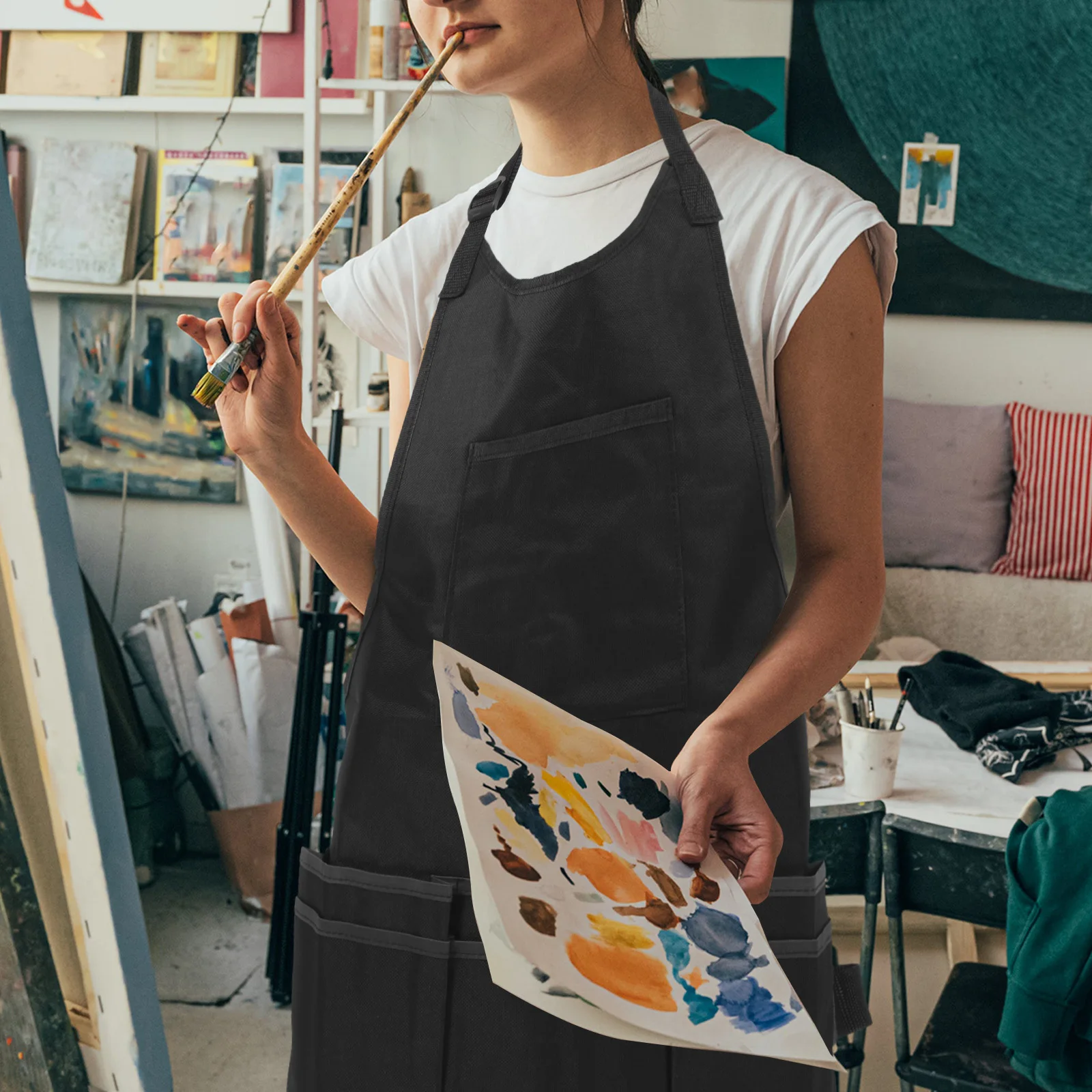 

Protective Painting Apron Black Size S Oilproof Adjustable Shoulder Strap Hanging Neck Back Tie Tool Storage Apron for Artist