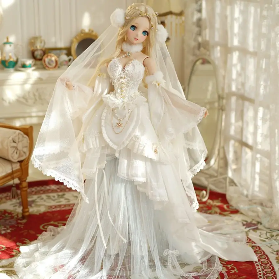 

Haute BJD Doll clothes 1/3 1/4 Snow Queen Coronation Dress MDD MSD DY Trailing Wedding Dress Kumako Lace skirt doll Accessories