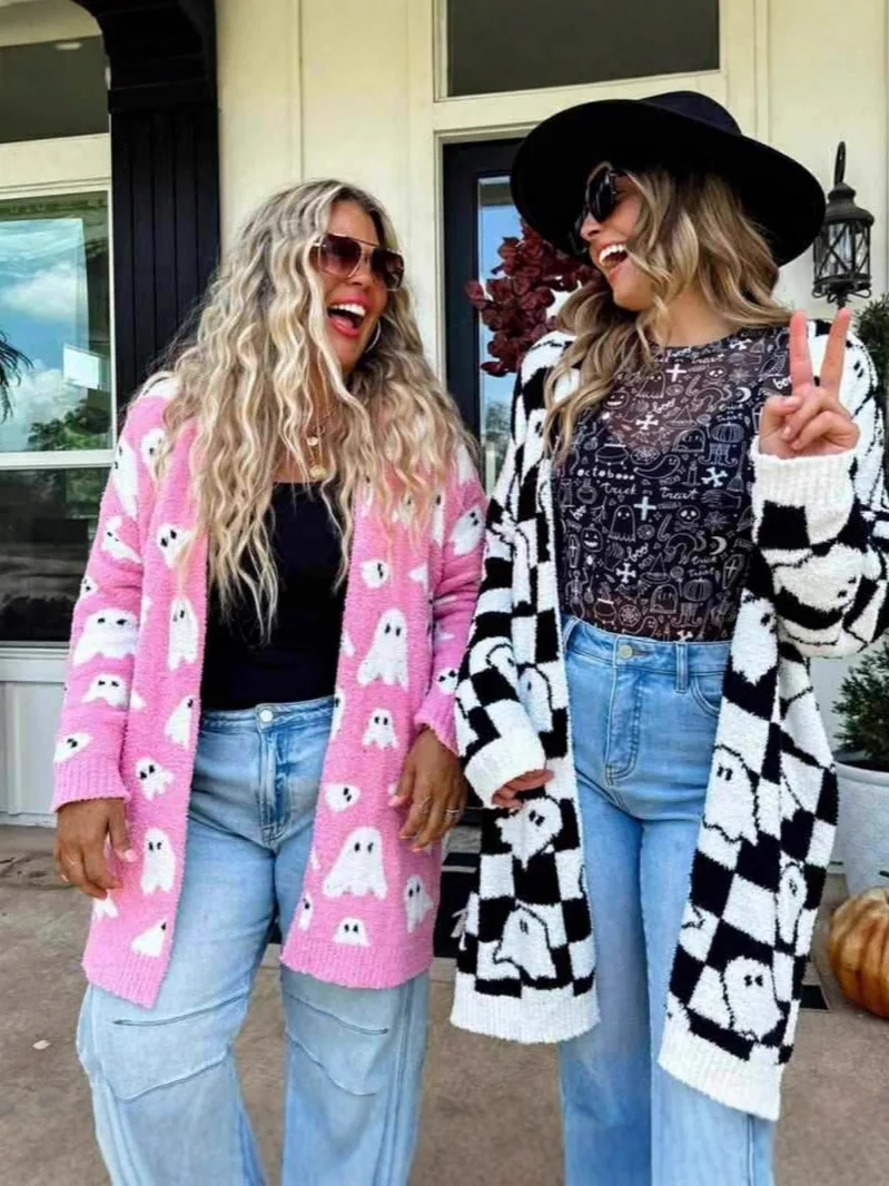 

Свитера с рисунком призрака на Хэллоуин, женский вязаный кардиган средней длины, осенне-зимняя новая модная свободная вязаная куртка