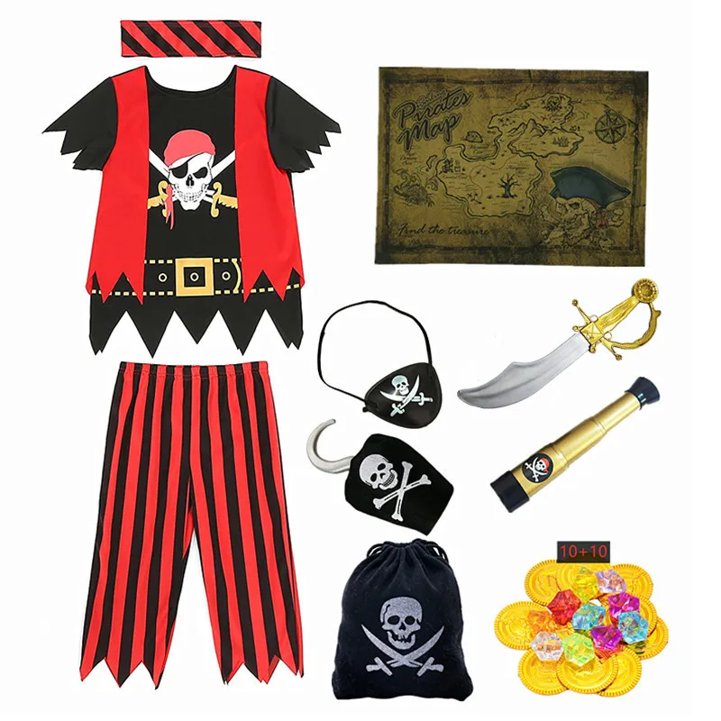 Boys Pirate Costumes Kids Pirate Toys Costumes Captain Jack Striped Dress Up Costume with Pirate Toys Halloween Dress Up