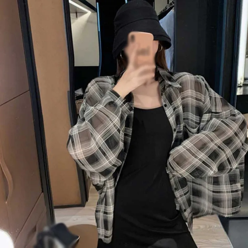 

Summer Retro Plaid Chiffon Shirt Loose Casual Long Sleeve Sunscreen Shirt for Summer Versatile Lazy Style Thin Cardigan Top