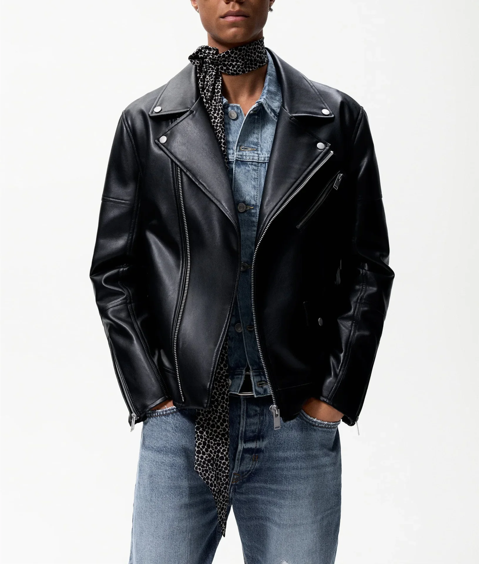 Men's Faux Leather Biker Jacket Fashion Solid Long Sleeve Leather Coat for Men