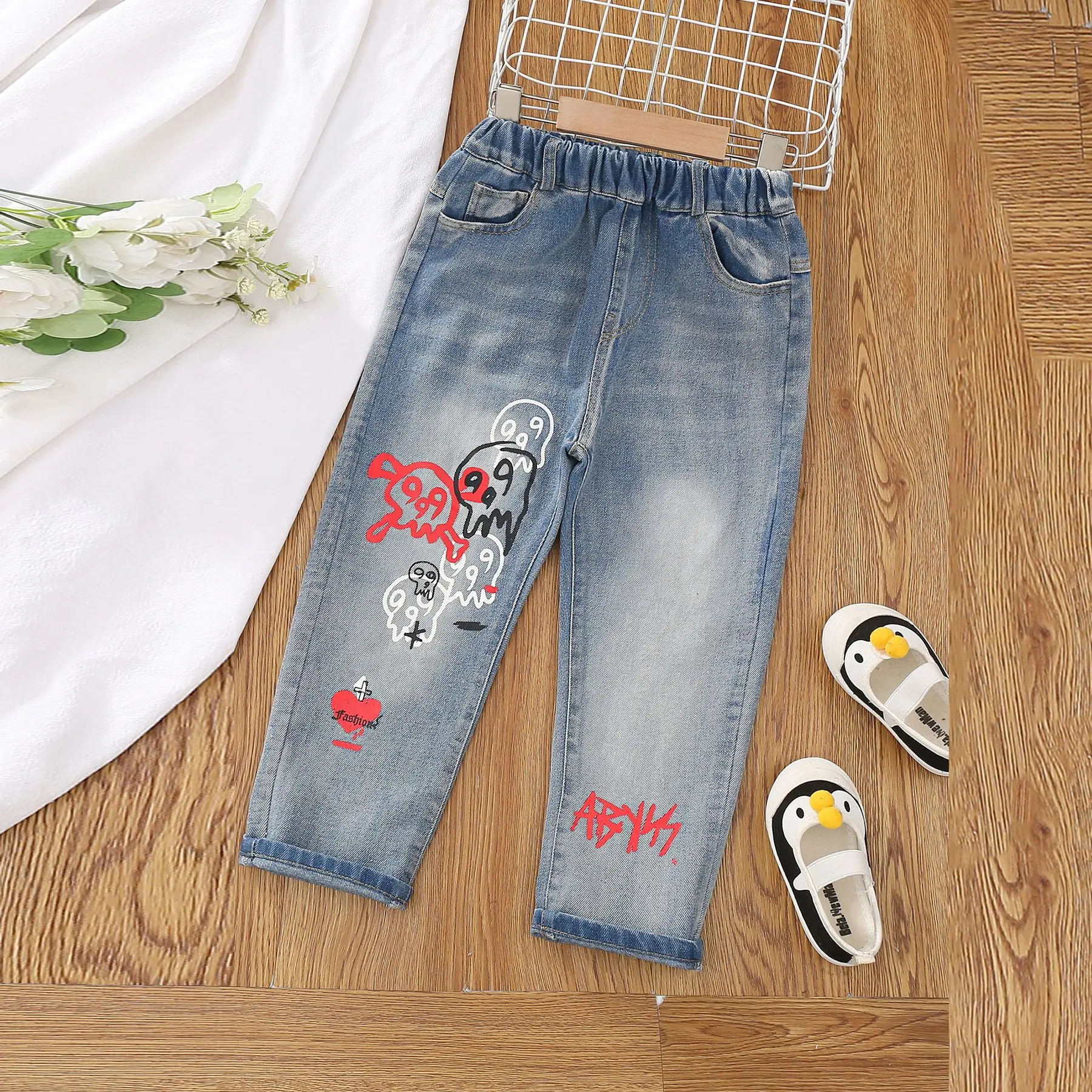 

Unisex Jeans Baby Boys Graffiti Printing Jeans For Girls Jeans Casual Style Children Pants 120-170CM Teen Trousers