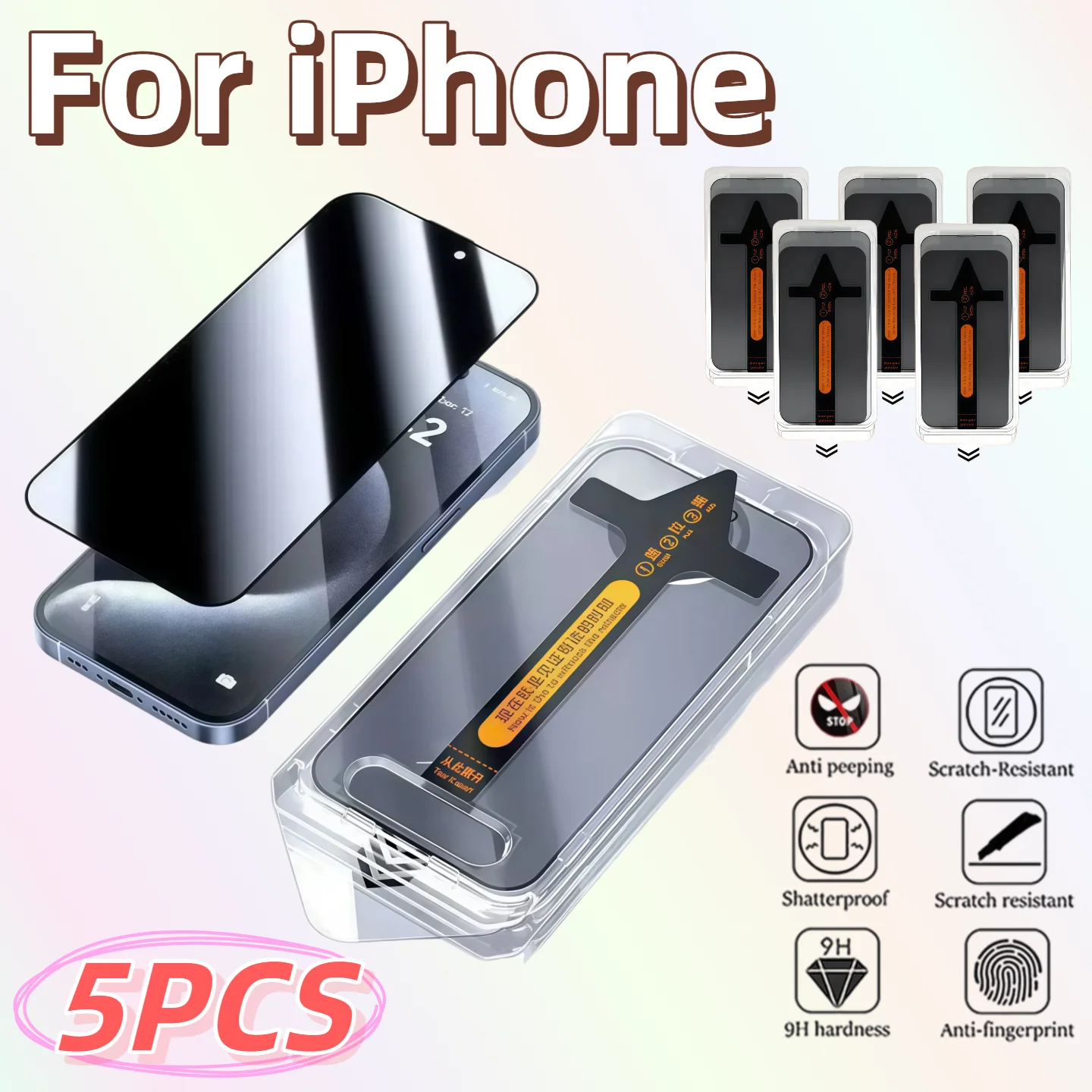 

5Pcs Anti-Spy Screen Protector for iPhone 17/16e/16/15/14/13/12/11/XR/XS/Pro Max/Plus - Toughened Glass with Easy Install Kit