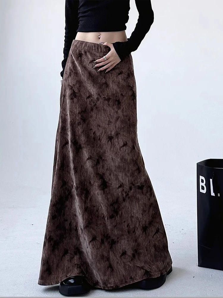 Women Vintage Long Skirt Autumn Winter High Waist Harajuku Streetwear Skirts Y2K Print Korean Simple Office Lady Retro Skirt New