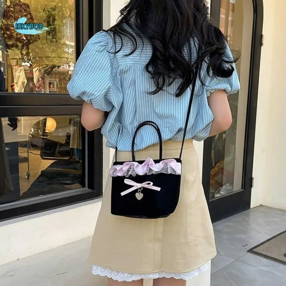 

Retro Lace Lattice Handbag Plaid Square Bow Handbag Korean Style Denim Sweet Crossbody Bag Women