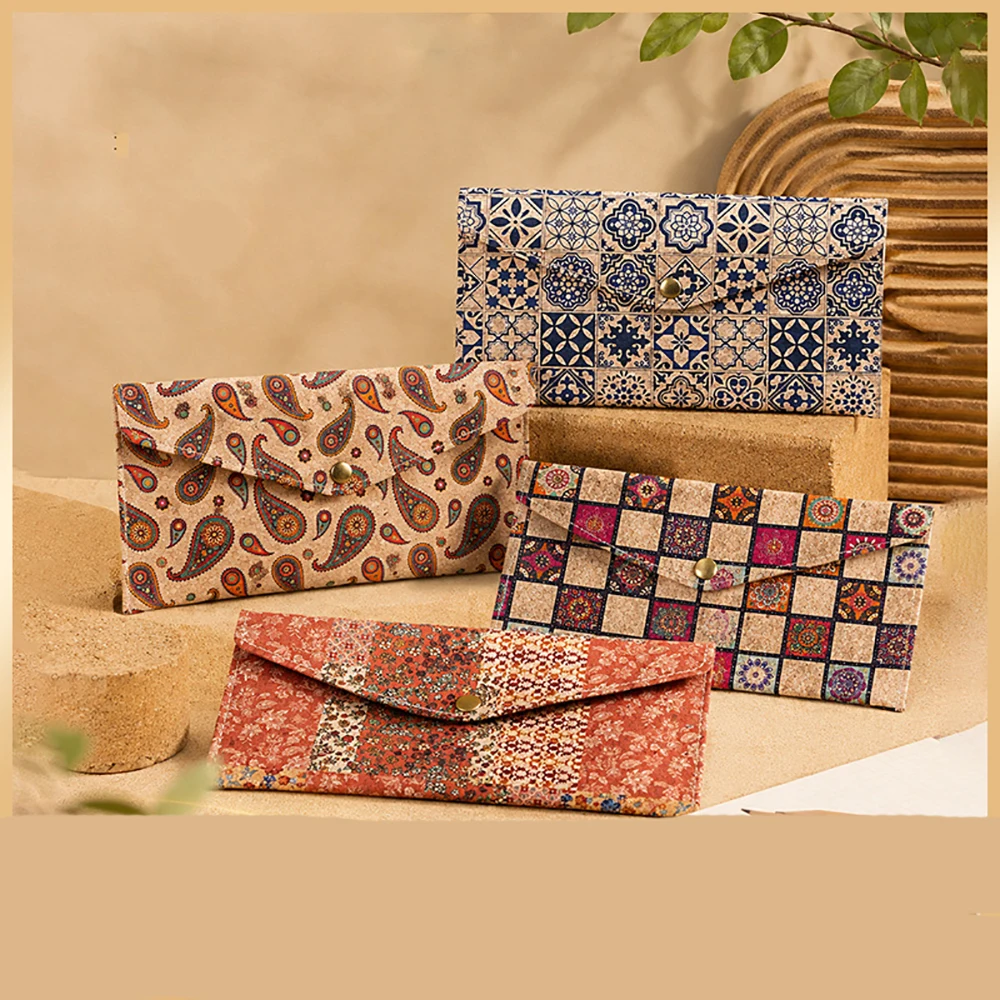 6pcs Clutch Bags Cork Leather Paisley Print Patten Envelope  Portable Card Coin Storage Wallet For Women