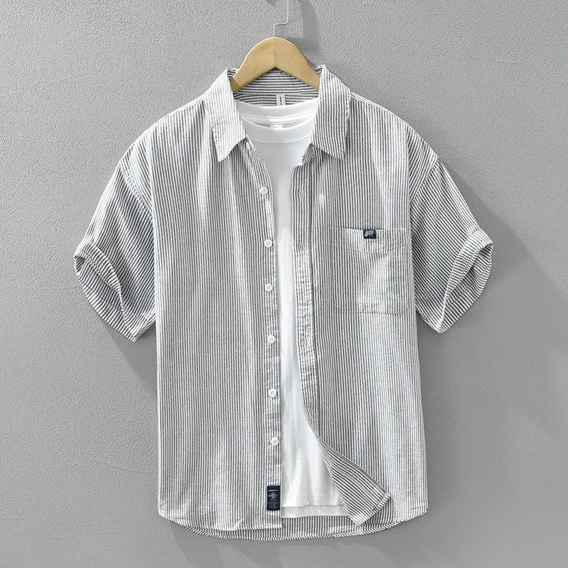 8028 Klassieke Gestreepte Shirt Voor Mannen Zomer Nieuwe Mode 100% Katoen Hoge Kwaliteit Casual Korte Mouw Blouses Tops