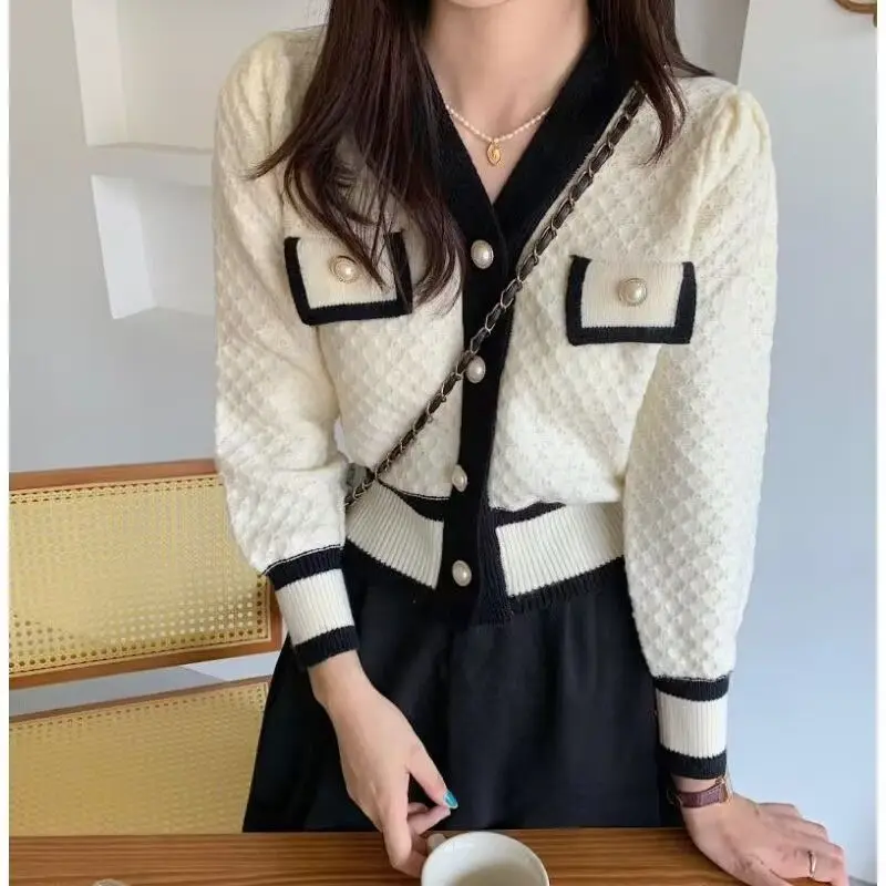 Women Korean Style Contrast Color Sweet Kawaii Chic Button Knitted Cardigan Casual V Neck Long Sleeve Loose Elegant Sweater Coat