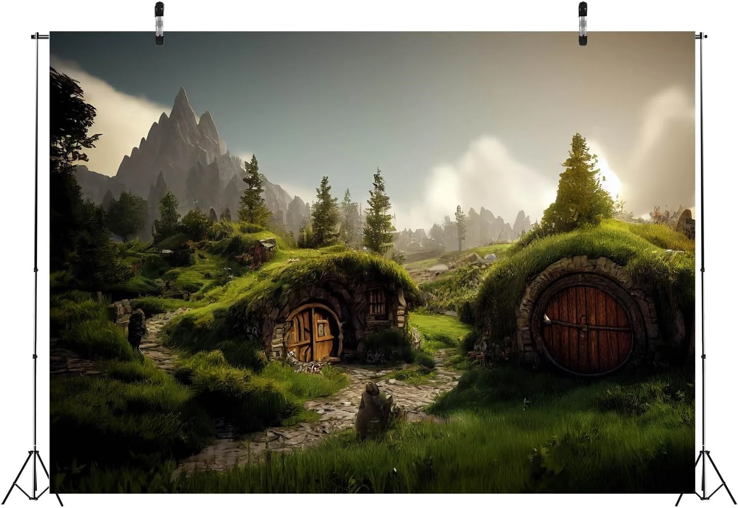 الهوبيت القرون الوسطى قرية الريفية الخضراء المراعي كهف البيت المقصورة الهوبيت الخلفيات الخلابة التصوير خلفيات الاستوديو