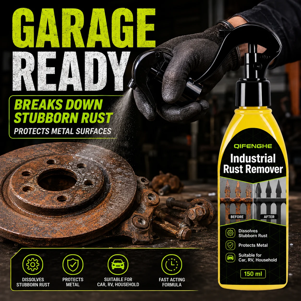 QIFENGHE Rust Remover & Metal Polish Spray, One Step Clean, Lubricate and Anti-Rust for Car Alloy Wheels