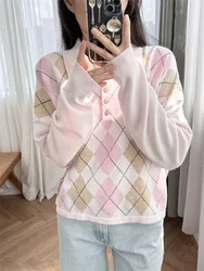 New 2024 Autumn Women Sweater Color Blocking Pullover Polo Collar Embroidery Preppy Style High Street Chic Stunning Fashion M