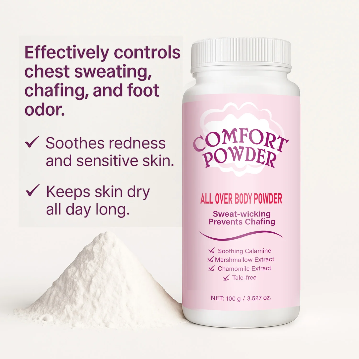 Comfort Powder All Over Body Powder - Sweat Wicking, Chafing Prevention, Odor Resistant, Talc-Free Dry Comfort for Women & Men