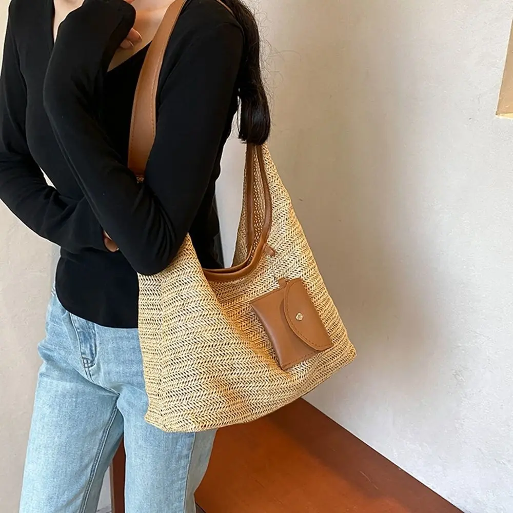 

Simple Beach Handbag Weave Straw Bag Large Capacity Bohemian Style Beach Bag Lazy Style Hollow Tote Bag Streetwear