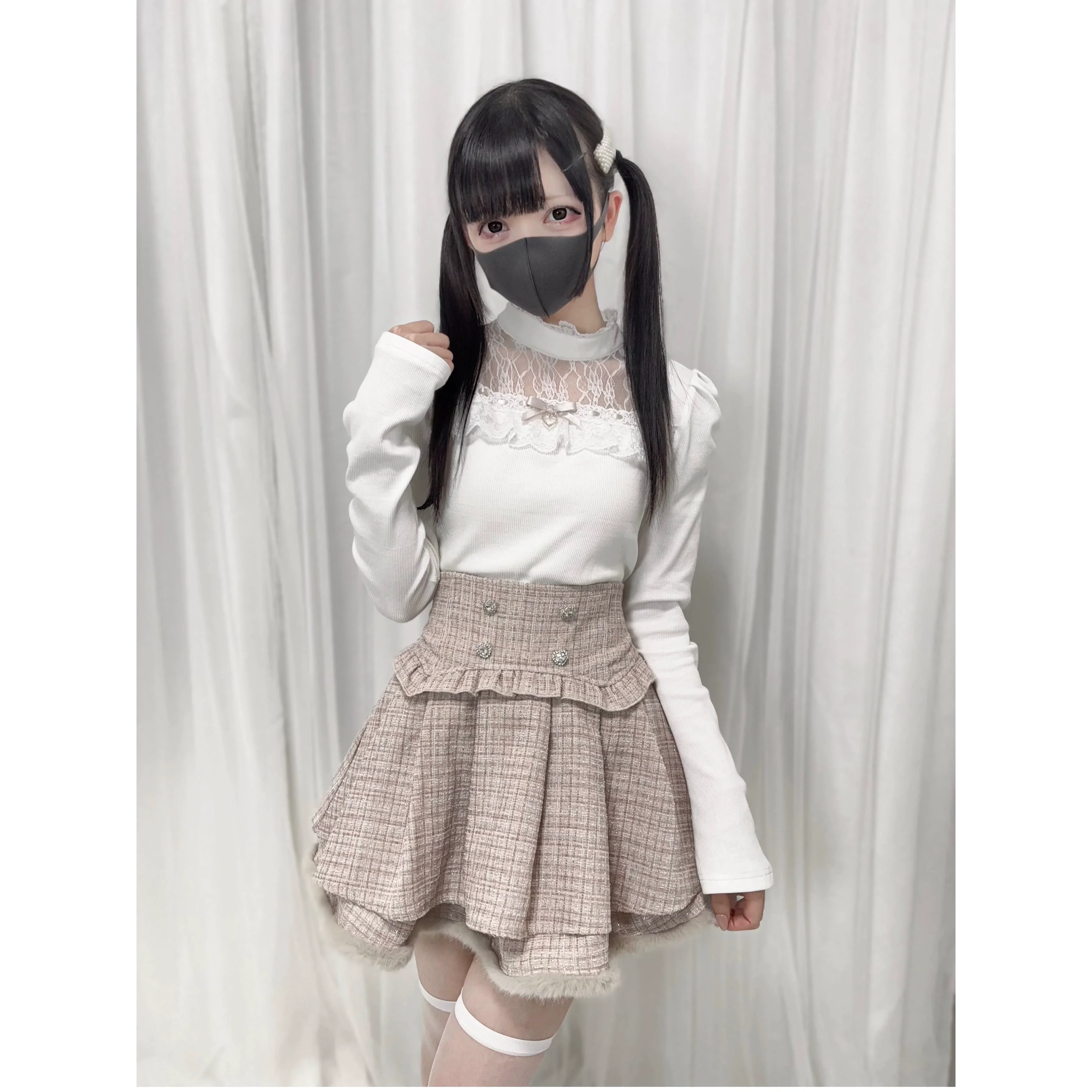 Japanese Mine Sweet Lace Splicing Stand Collar Long-sleeved Knitted Sweater Lady Furry Wool Double-layer High Waist Short Skirt