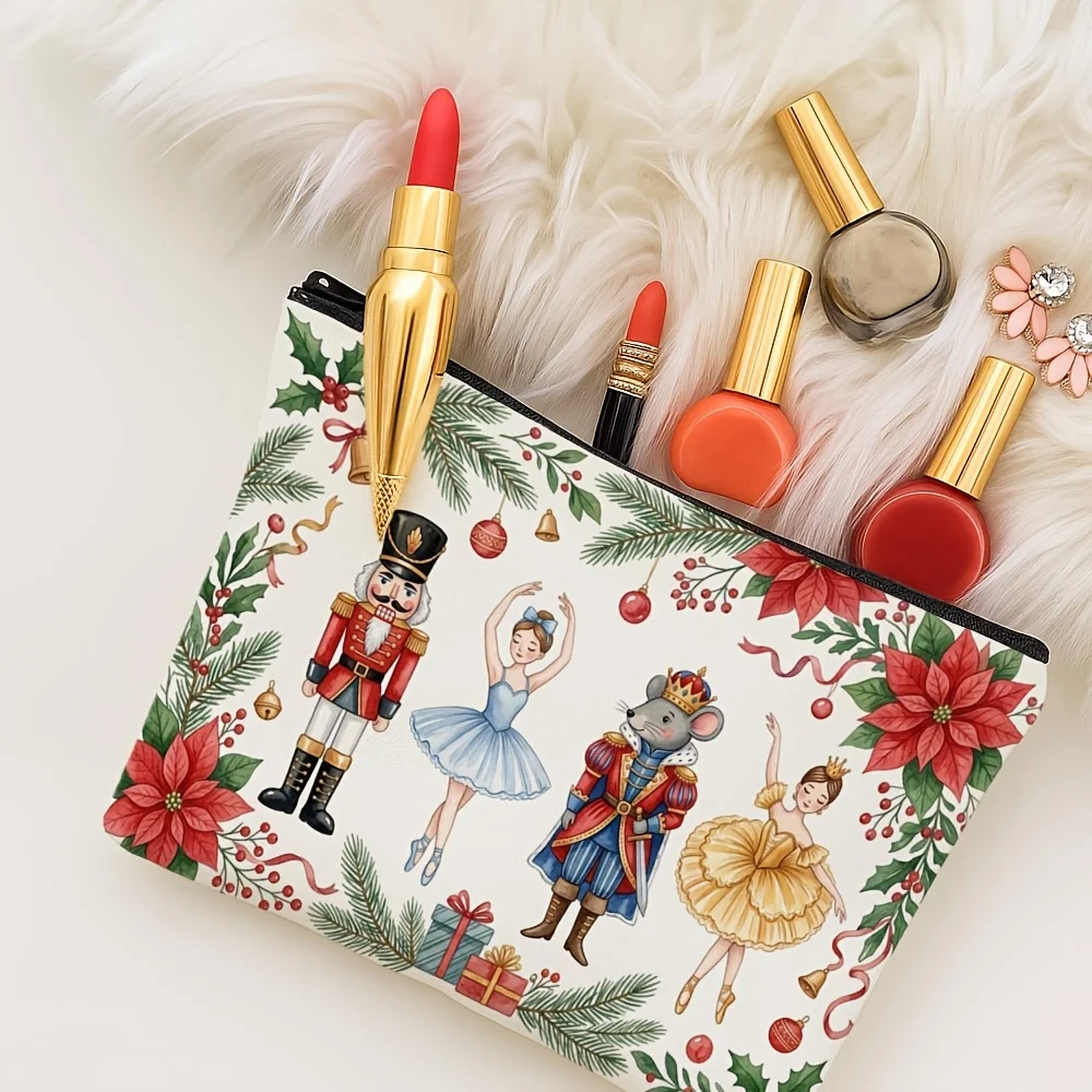 Watercolor Nutcracker Ballet Characters Cosmetic Bag Christmas Poinsettia Holiday Travel Makeup Storage Pouch Xmas Gift