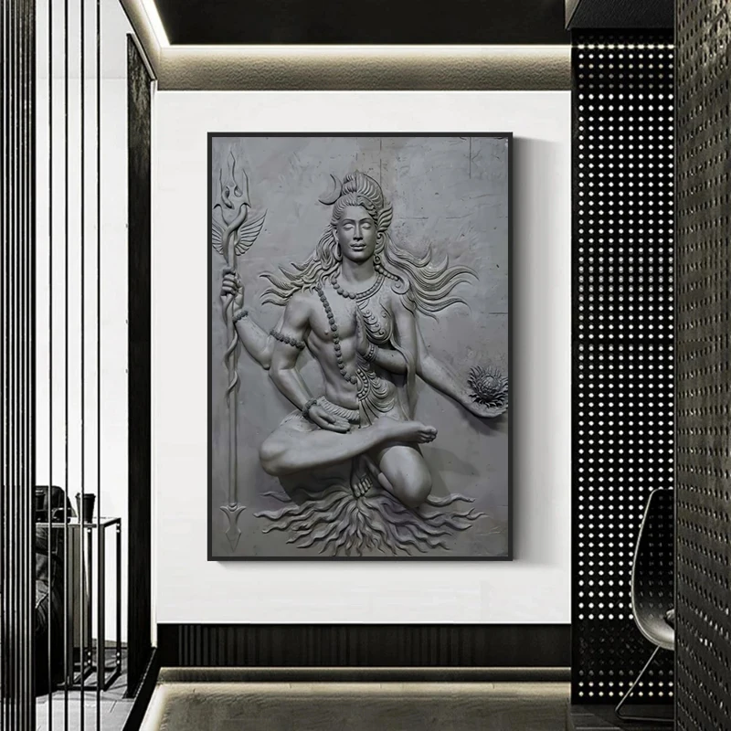 Hindu Gods Lord Shiva Figure Sculpture Canvas Painting India Posters Prints Wall Art Pictures for Living Room Wall Decor Cuadros