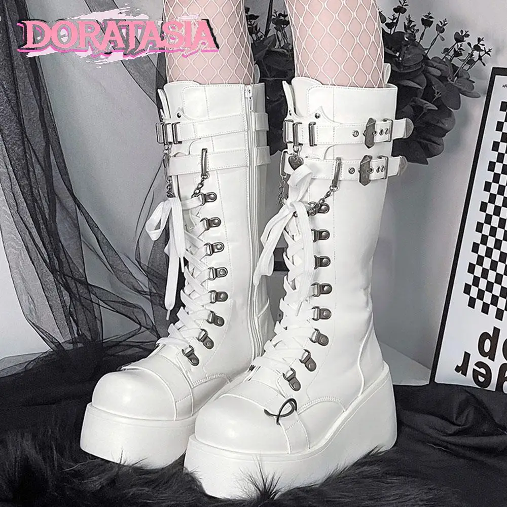 Buty damskie na platformie Punk Goth, grube kliny, koronka na pięcie, zapinana na zamek, łańcuszek, klamra, fajne modne, zimowe, luksusowe, Cosplay,