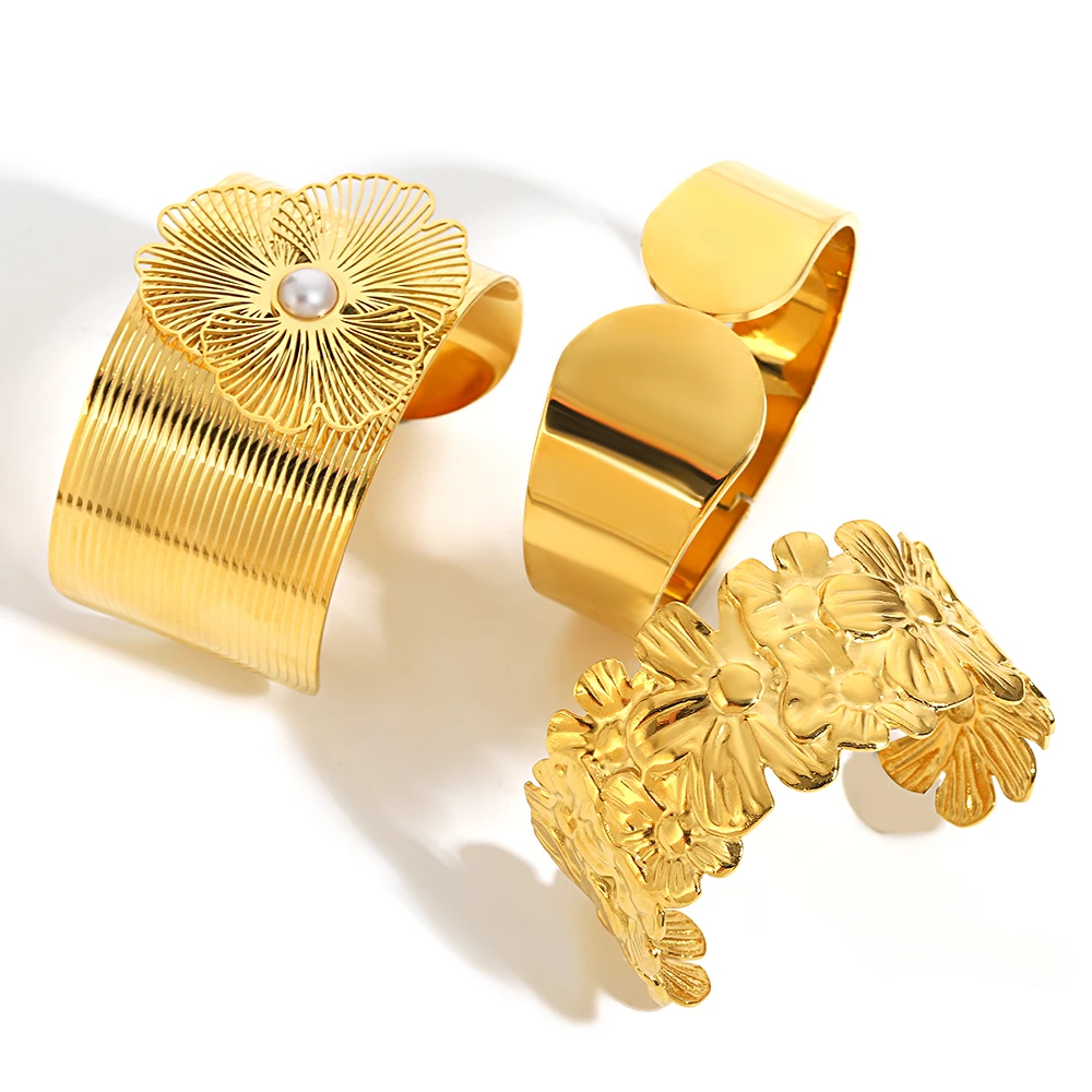 Chunky Punk Gold Color Charm Wide Stainless Steel Wide Bangle Bracelet for Women New Flower Geometric Chain Open Bangles Jewelry