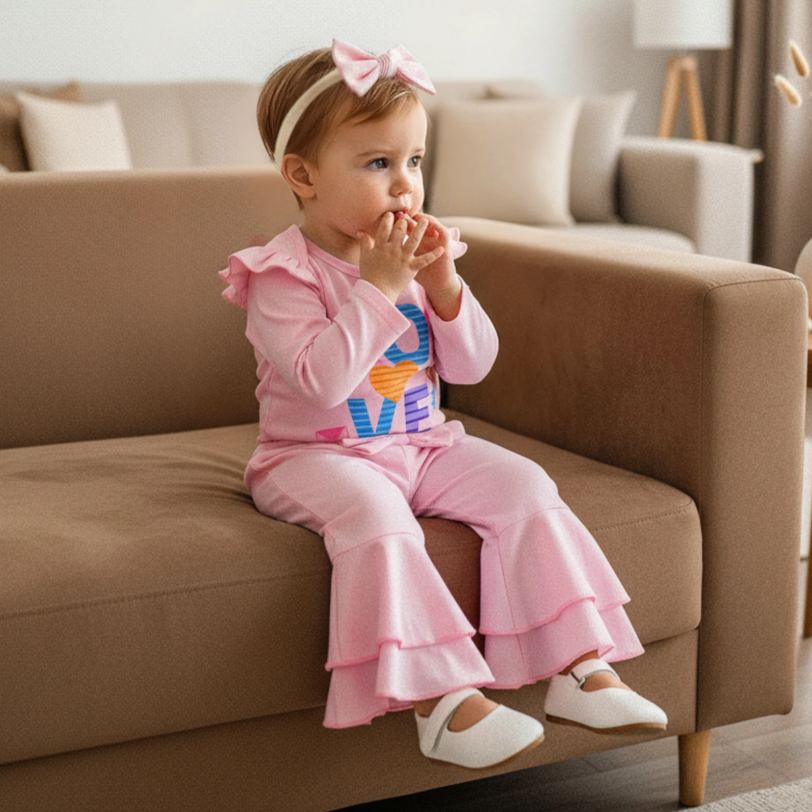 Baby Girls 3 Piece Outfit Long Sleeve Round Neck Letter Heart Print Jumpsuit Headband Elastic Waist Flared Pants Set