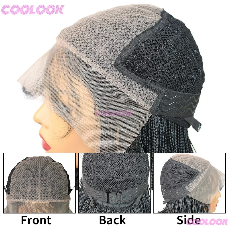 Wig Kepang Pendek 12 inci untuk Wanita, Wig Sintetis, Kepang Renda 6*6, Wig Afrika, Kepang Cornrow Mikro, Wig Hitam