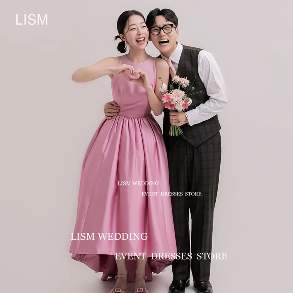 

LISM O Neck Pink Satin Korea A Line Evening Dresses Photoshoot Sleeveless Draped Pleats Long Floor Length Custom Formal Dress