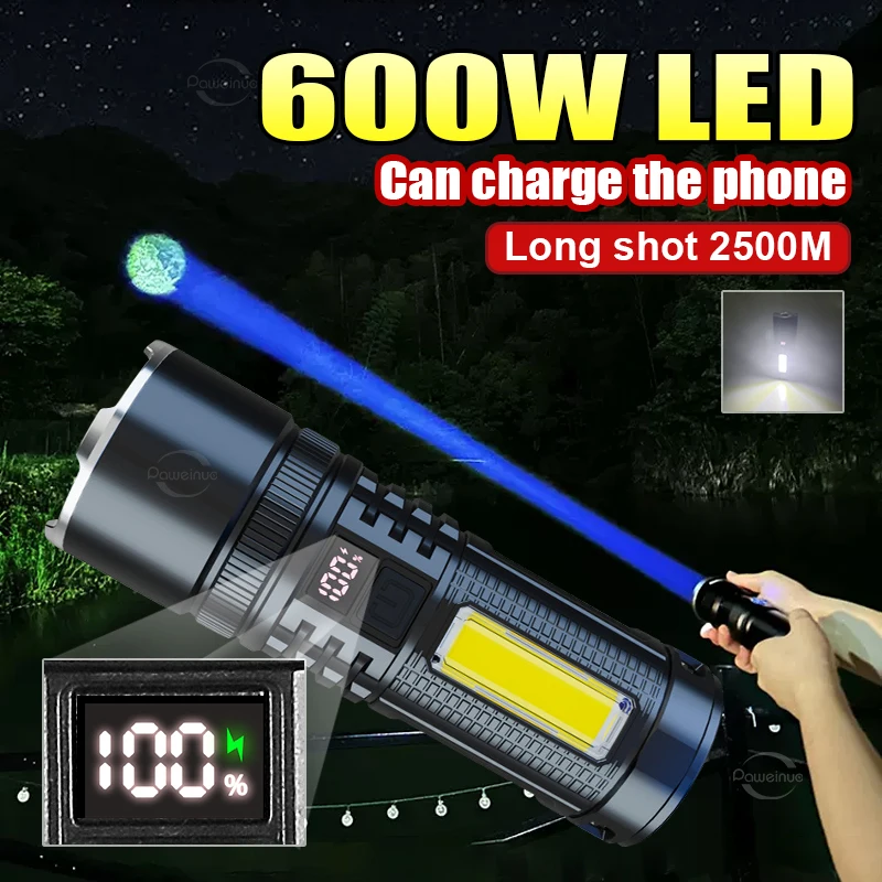 High Power 600W white laser Flashlight COB Strong Light LED Portable Torch USB Rechargeable Built In Battery With Power Display