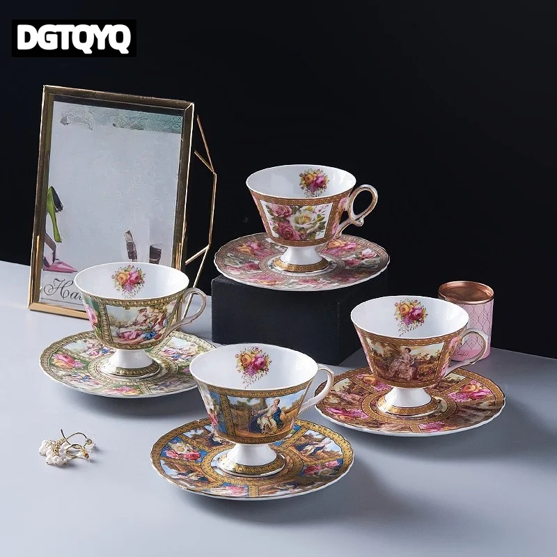Service à thé et soucoupe en porcelaine fine, style vintage européen, motif peinture à l'huile de dame de cour, bordure dorée, tasse à café élégante à pied haut, style royal
