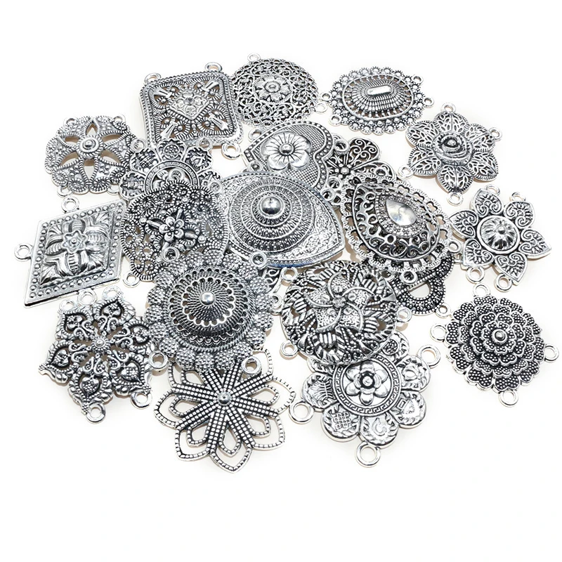 10pcs Antique Silver Plated Bohemian Vintage Flower Connector Charm Pendant DIY Necklace Bracelet Jewelry Making Accessories