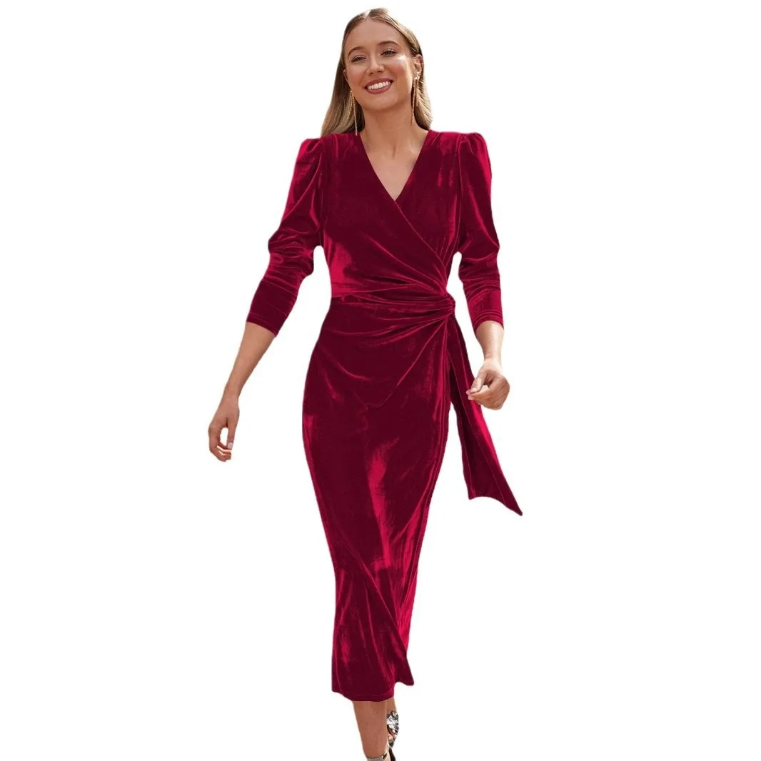 Vestido de noite de veludo estilo francês, vestido longo de baile, manga, decote em v, com faixa, elegante, formal, para festa, casamento, banquete ​