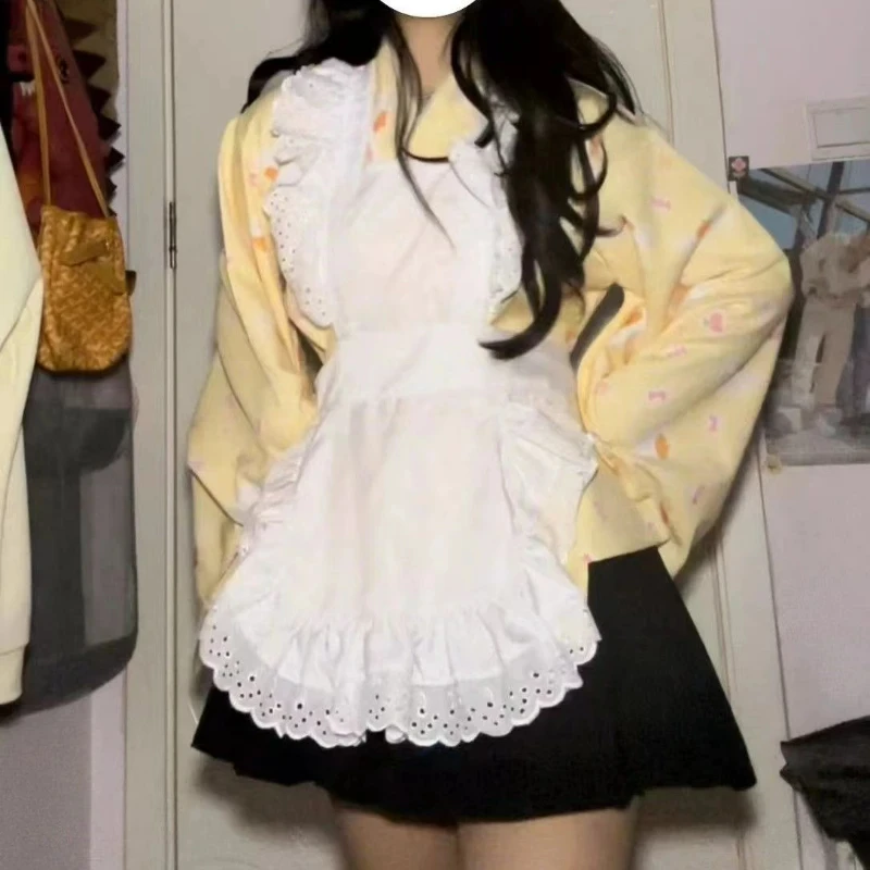 

Sweet Cute Cartoon Print Apron Maid Dresses Sets Female Retro Elegant Cosplay Costumes Japanese Kawaii Lolita Kimono Dress Women