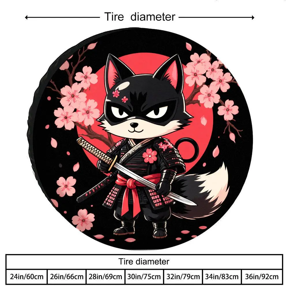 Anime Samurai Fox ( Kitsune) Tire Cover For Japanese - Fit Spare Tire Protector, Durable Polyester Wheel Cover With Fox Mask Des