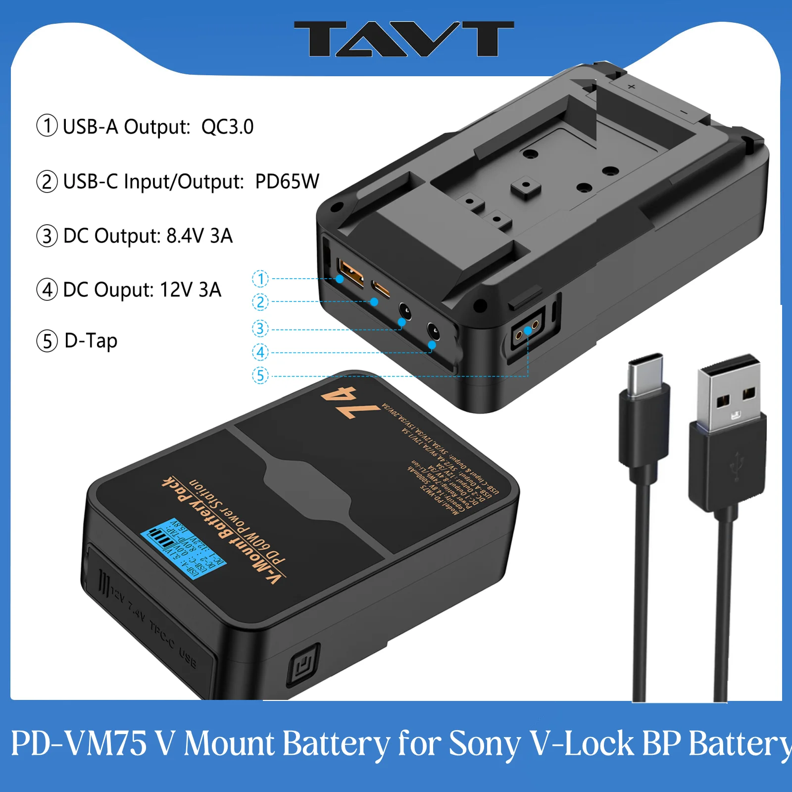 PD60W Power Station PD-VM75 V Mount Battery with USB Cable for Sony V-Lock BP Battery Camcorder Broadcast Video Light Blackmagic