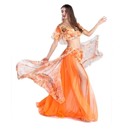 Sexy Belly Dancing Top e Saia Set, Trajes de Dança do Ventre, Top Colheita Impresso, Roupas De Prática De Dança, ZH8809