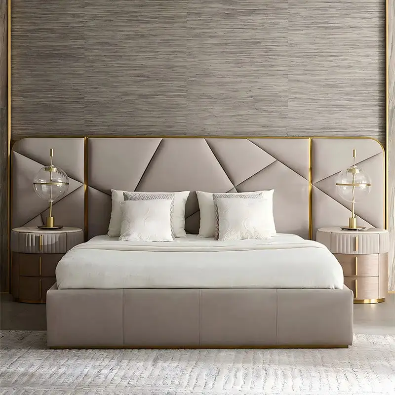 

&c Hot Sale Modern Light High End Wooden Big Headboard Tufted Luxury Bedroom Furniture Designer King Size Upholstered Fabric Bed