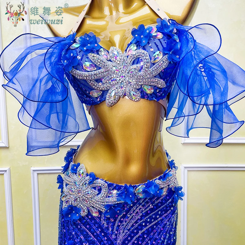 الرقص الشرقي المنافسة زي مشرق الماس الصدرية + حجر الراين سبليت تنورة طويلة 2 قطعة أزياء مسرحية الرقص الشرقي النساء #4