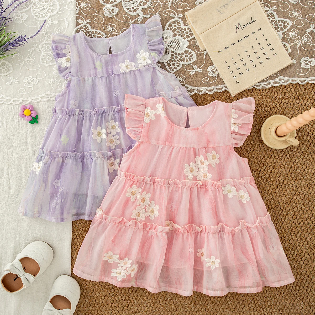 Baby Girl Dress Summer Flower Mesh Small Fly Sleeves Cute Girl Dress Sweet Princess Birthday Party Baby Dress Baby Girl Clothing