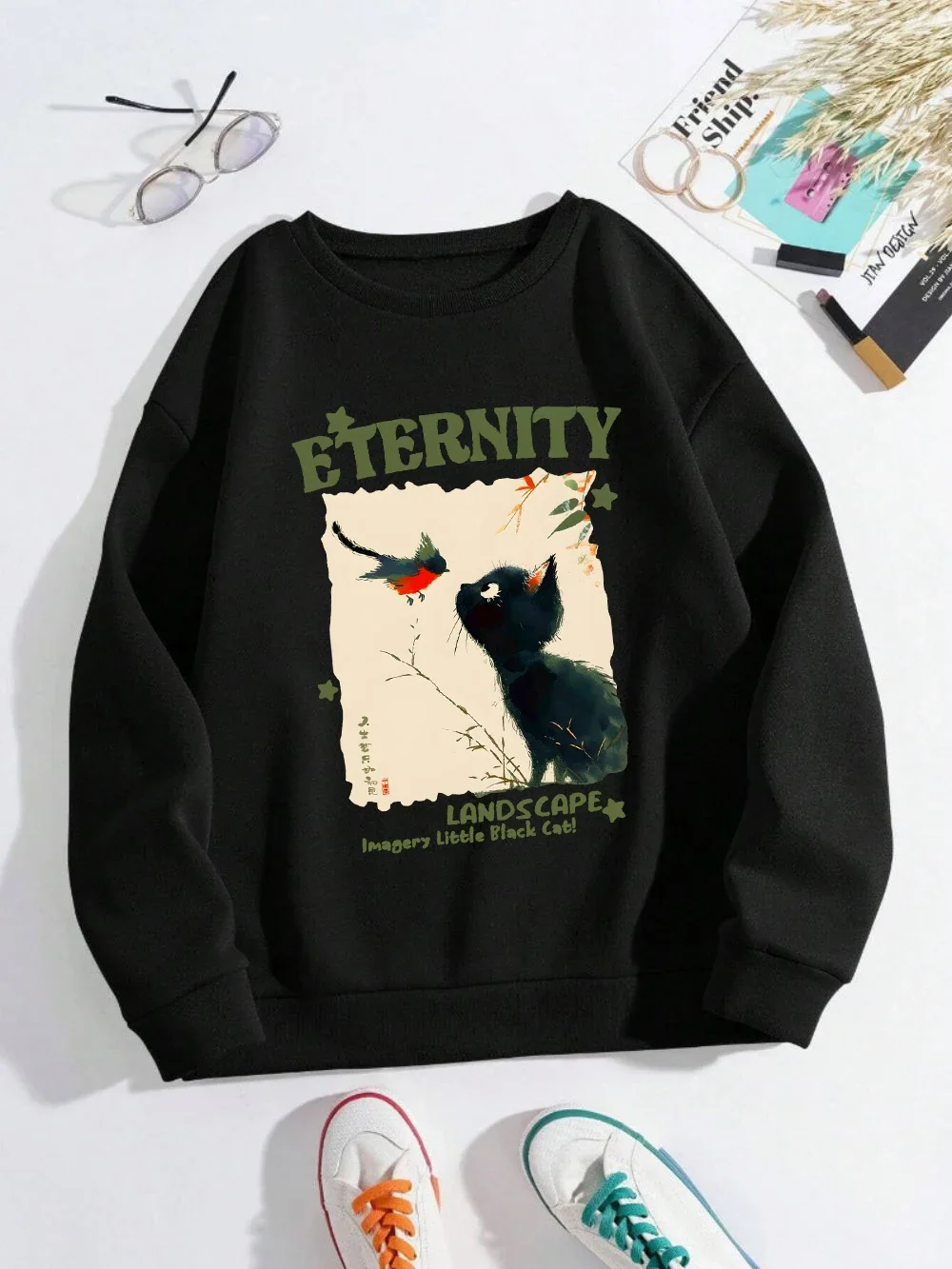 2025 automne hiver chat avec oiseau mignon imprimé sweats à capuche femmes polaire sweats pull décontracté confortable femmes vêtements