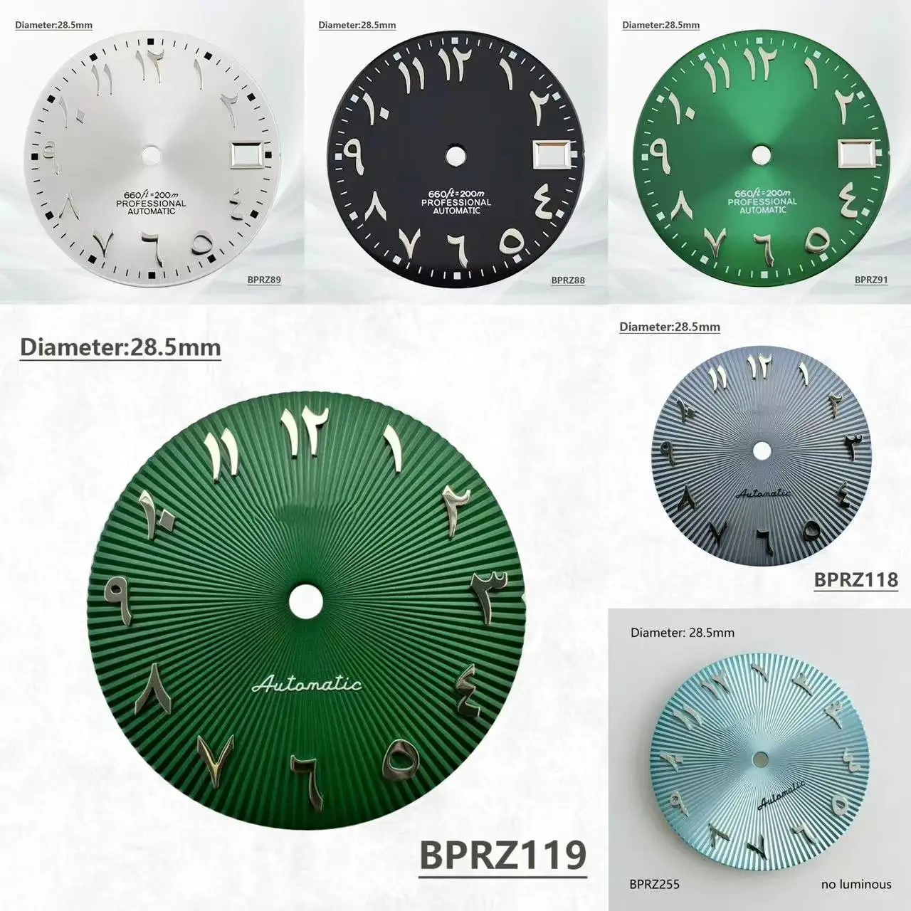 28.5mm S logo Arabic Dial Numeral Black Green Silver Blue Dial With NH35 Automatic Movement And No Luminous Arabic Dial NH36