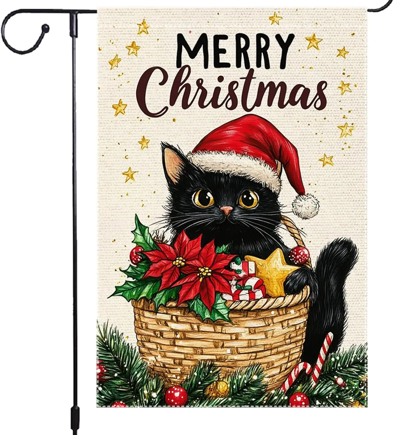 Merry Christmas Cat Garden Flag 12x18 Inch Double-Sided Burlap Outdoor Decor Featuring Santa Cat with Poinsettias and Holida yyi