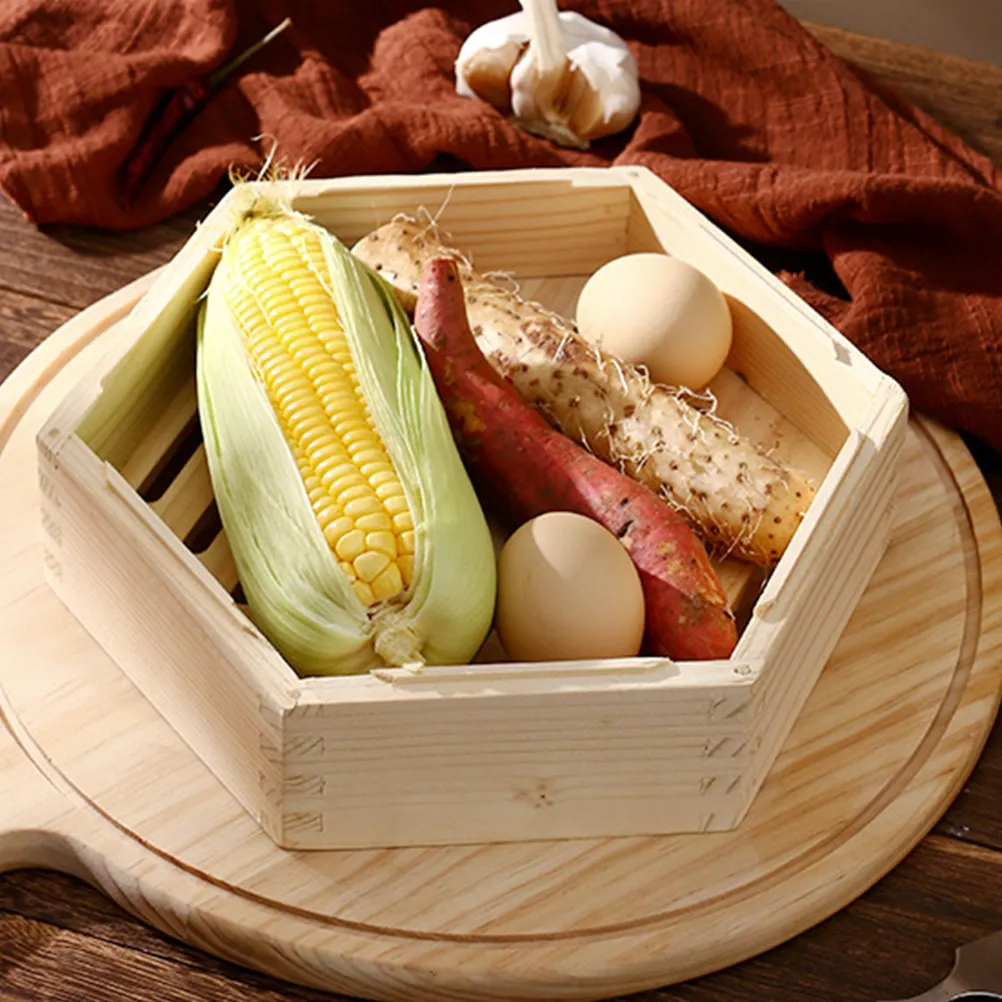 1Set Multi Functional Wooden Steamer Hexagonal Lid Included Natural Wood Steamer for Healthy Steaming of Fish Shellfish Pork