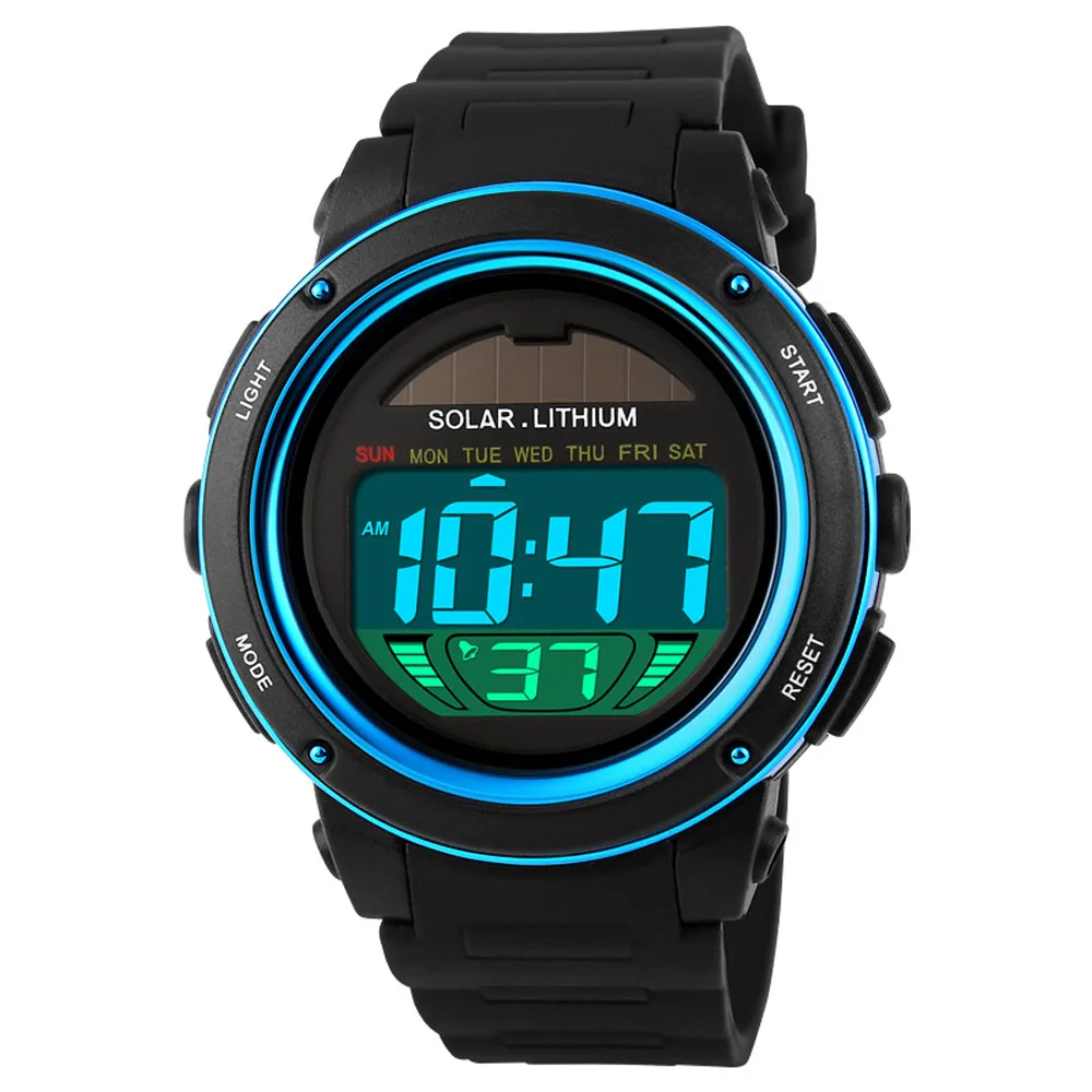 Solar Powered Digital Men Women Sports Watch Big Dial 5ATM Water-resistant Multi-function Unisex Wristwatch with Chronogra