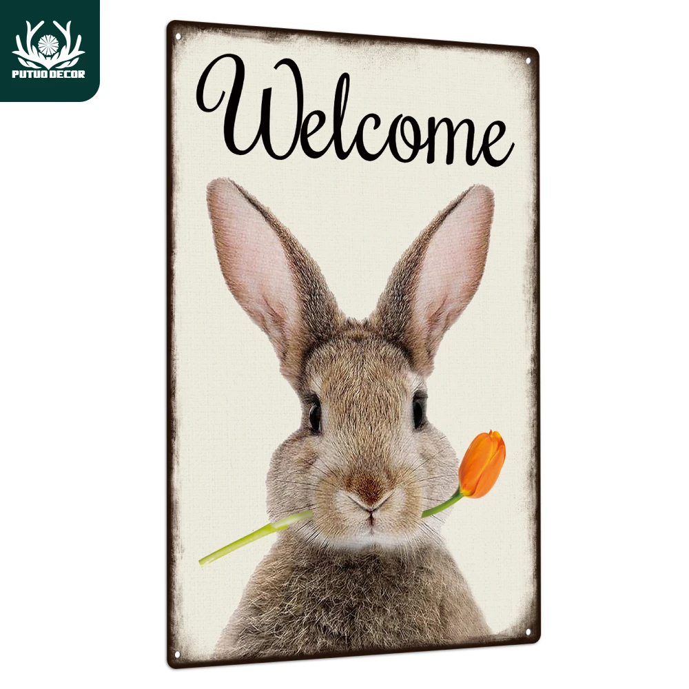 Putuo Decor 1pc Welcome Metal Sign, Vintage Rabbit Tin Plaque Wall Art Decor For Home Garden Farm, 7.8 X 11.8 Inches