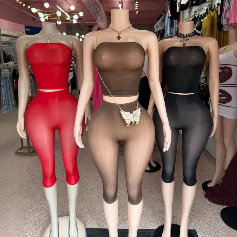 STYLISH LADY See Through Mesh Sexy 2 Piece Set Women Strapless Crop Top and High Waist Capri Pant 2026 Summer Club Party Outfits view 2