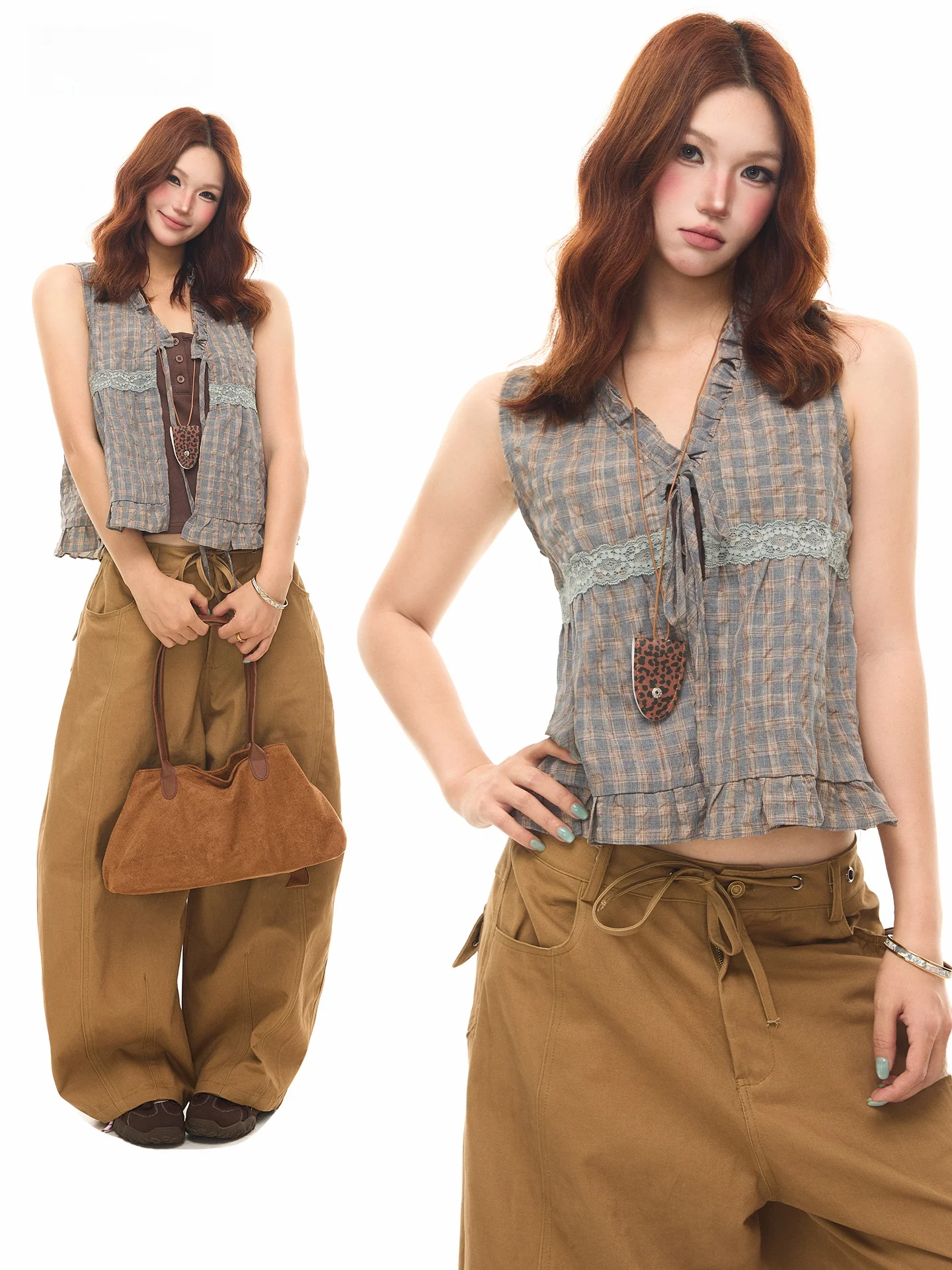 

Sanowers American Retro Two-Piece Set Plaid Vest Strap Women Summer Loose Slim Short Sleeveless Top Breathable Casual Wear