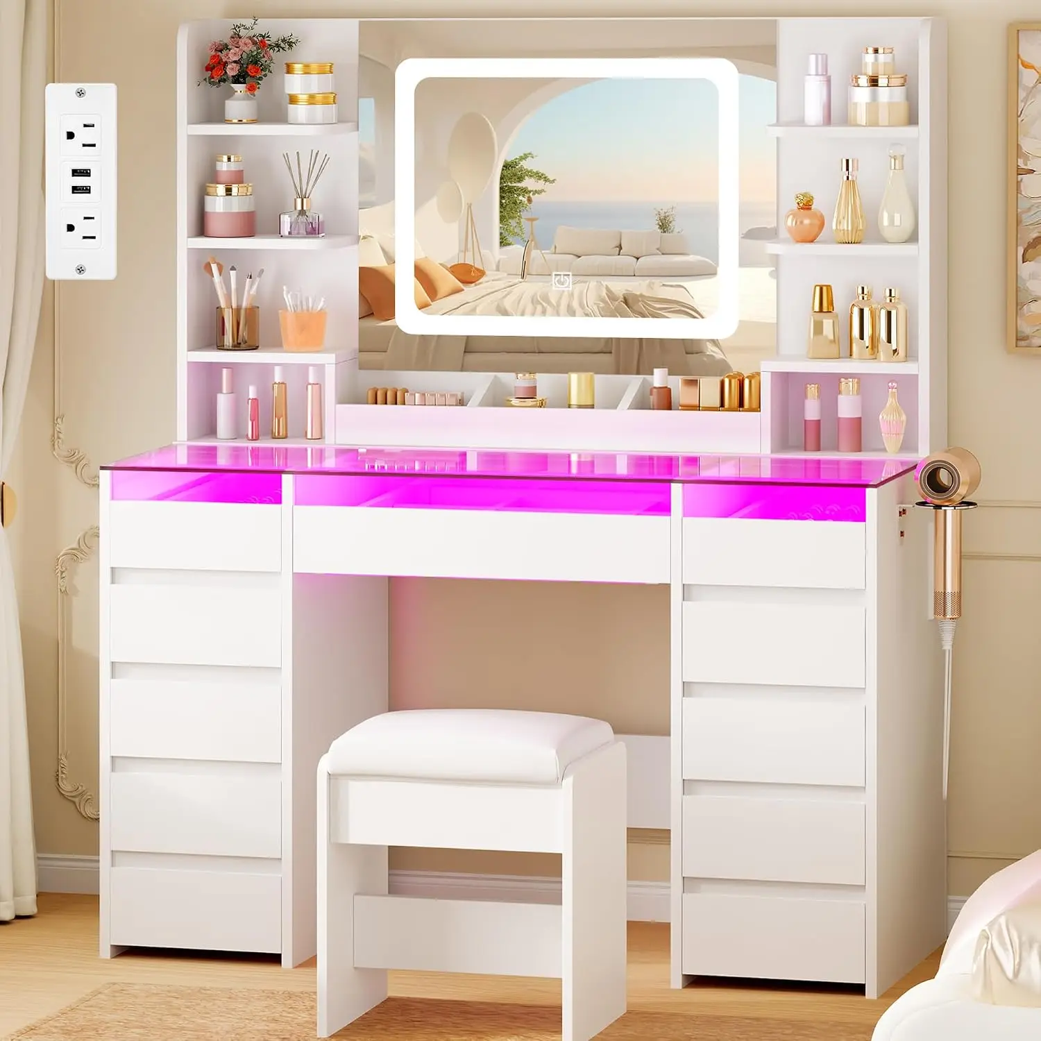 Glass Vanity Desk with Mirror,RGB Lights,Stool,11 Drawers,6 Shelves,Power Outlet,Dryer Rack,Bedroom Dressing Table, Customized