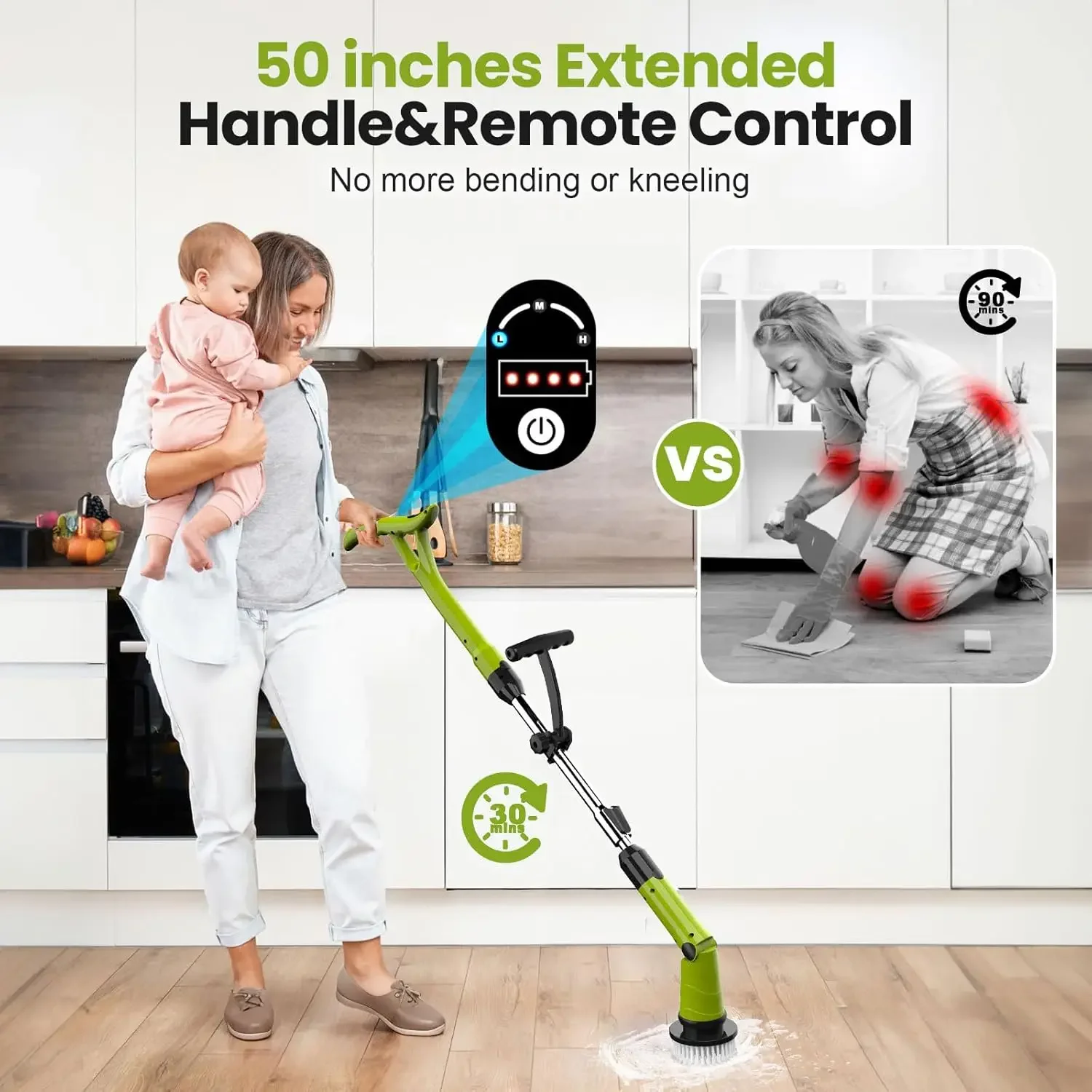 Cordless Spin Scrubber, Escova de limpeza a bateria, Escova de chuveiro com 8 cabeças substituíveis, 3 configurações ajustáveis