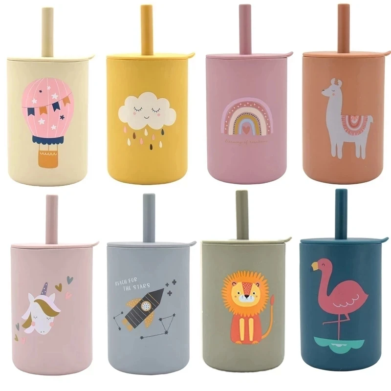 Baby Siliconen Sippy Cup Draagbare Opslag Snack Container Voeden Kinderen Regenboog Afdrukken Lekvrij Leren Drinken Beker Bpa Gratis